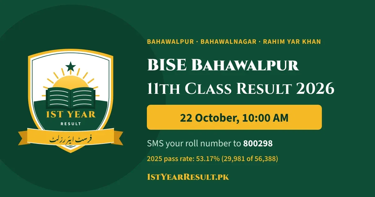 بہاولپور بورڈ (BISE BWP) گیارہویں جماعت رزلٹ 2026، 22 اکتوبر صبح 10 بجے – بہاولپور، بہاولنگر اور رحیم یار خان؛ ایس ایم ایس کوڈ 800298