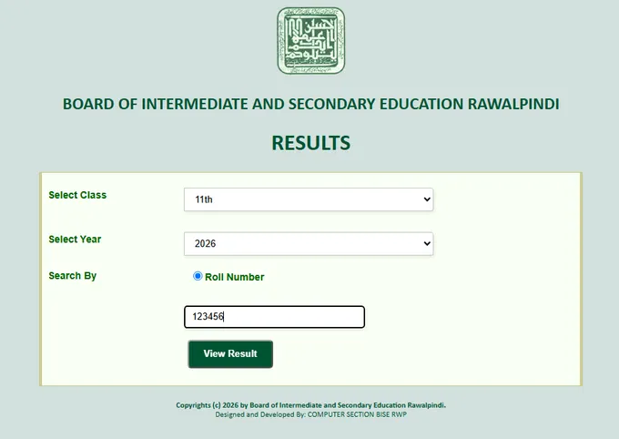 بی آئی ایس ای راولپنڈی رزلٹ پورٹل: Class 11th، Year 2026، رول نمبر اور View Result بٹن