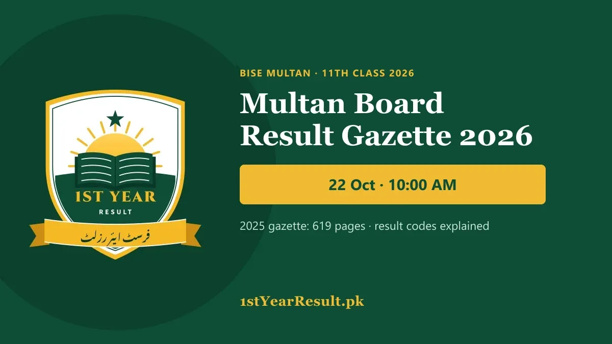 BISE Multan 11th Class Result Gazette 2026: result announced on 22 October at 10:00 AM, with the official 2026 gazette